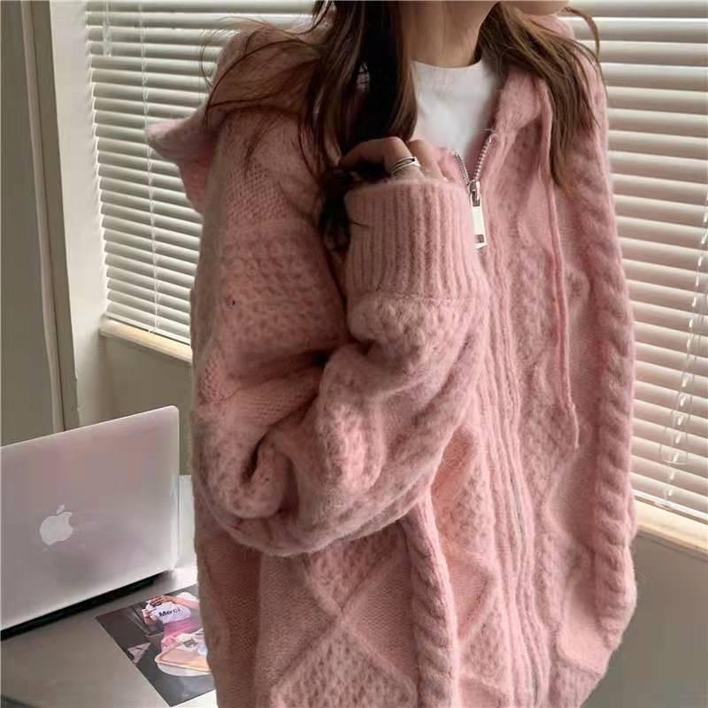 2024 Retro Twist Knit Hoodie Sweater Womens Autumn Winter Pink