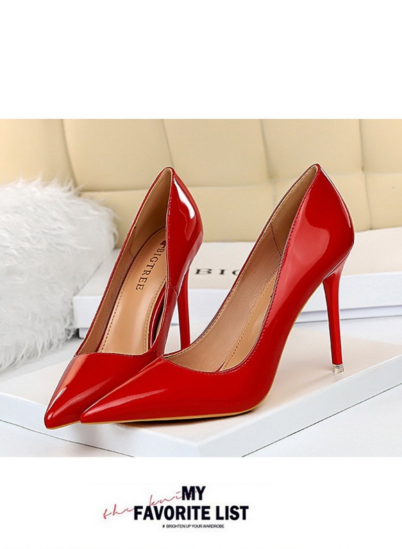 BIGTREE 10.5CM Fashion Simple Slim Heels With Bright Surface Patent Leather Shallow Mouth Pointed Head Slim Women's Heels Red  - Image 1
