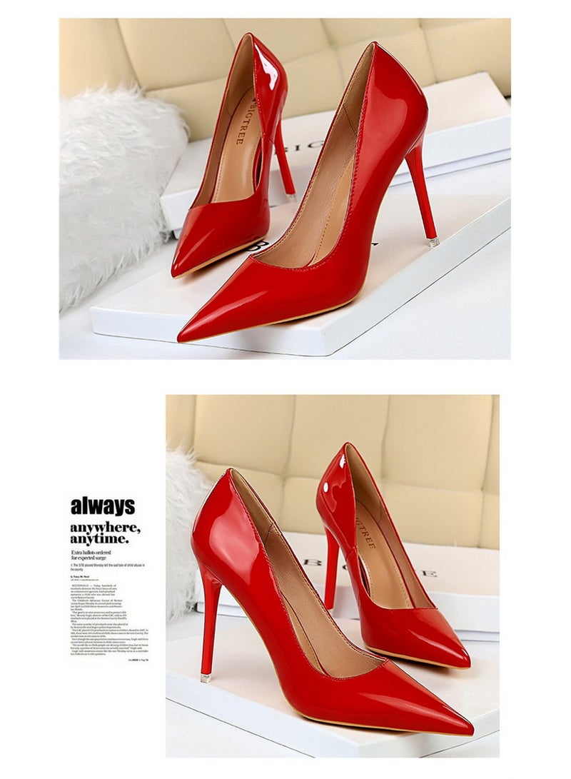 BIGTREE 10.5CM Fashion Simple Slim Heels With Bright Surface Patent Leather Shallow Mouth Pointed Head Slim Women's Heels Red  - Image 2