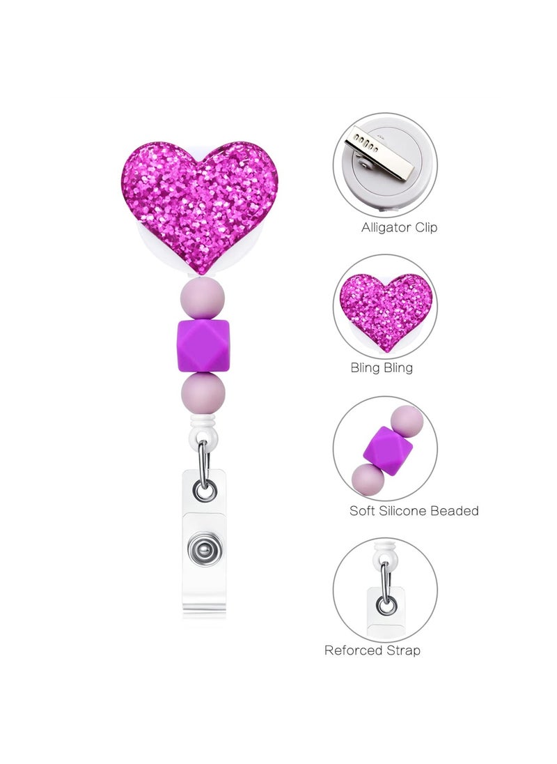SYOSI Retractable Badge Holder, 3 Pack Bling Popular Love Heart Badge Reels Retractable with Silicone Beads, Name Badge Reels Card Holder for Office Worker Teacher Doctor Nurse (Heart)  - Image 2