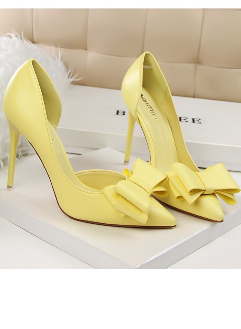 بيج تري Women's Side Hollow Stiletto Pumps With Bow Knot 10.5 cm Elegant Gorgeous Closed Pointed Toe Slip On Solid High Heels Yellow - Image 2