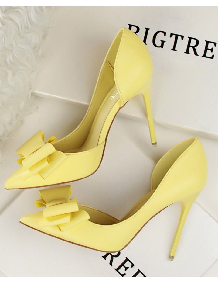 بيج تري Women's Side Hollow Stiletto Pumps With Bow Knot 10.5 cm Elegant Gorgeous Closed Pointed Toe Slip On Solid High Heels Yellow - Image 3