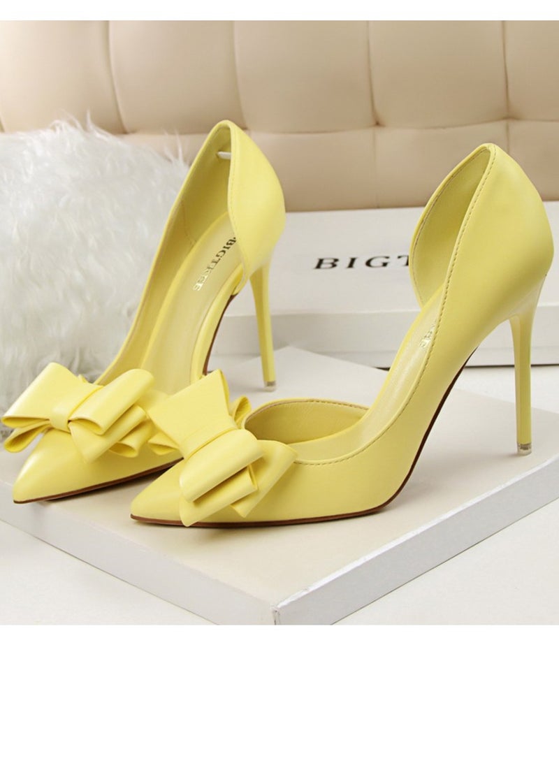 بيج تري Women's Side Hollow Stiletto Pumps With Bow Knot 10.5 cm Elegant Gorgeous Closed Pointed Toe Slip On Solid High Heels Yellow - Image 1