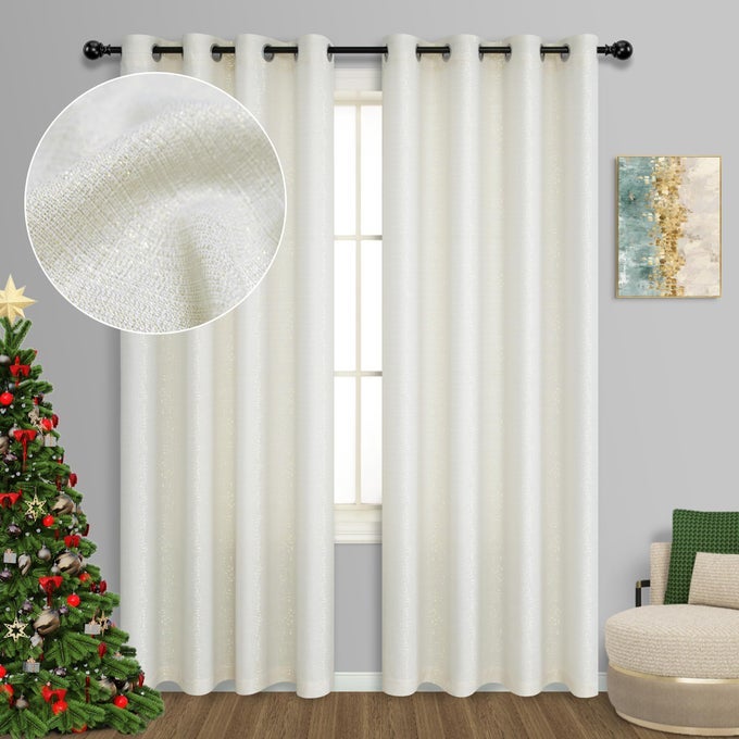 GOLD AND CREAM CURTAINS 108 INCHES LONG FOR FLOOR TO CEILING 2 PANELS GROMMET DRAPES SEMI SHEER ENERGY EFFICIENT IVORY SPARKLE CURTAINS FOR LIVING ROOM ARCHED WINDOW GLITTER SHINY SHIMMER DECOR 9 FT