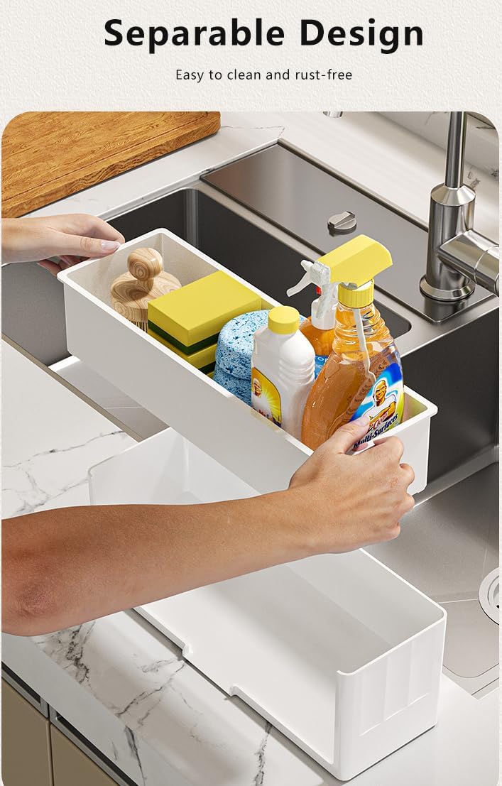 STORICANS Sponge Holder for Kitchen Sink, Rust-Free Sink Caddy,Plastic Kitchen Sink Organizer Countertop Soap Dispenser Kitchen Organizers and Storage Essentials (White) - Image 3