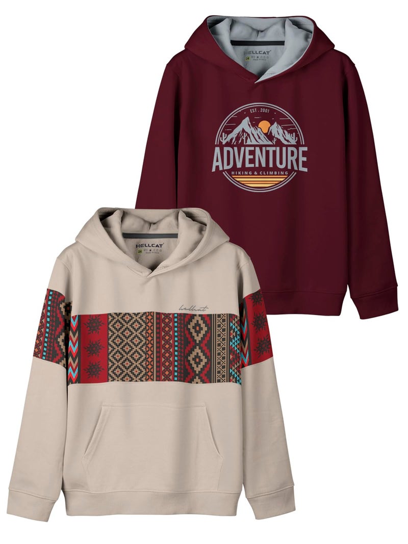 HELLCAT Printed Cotton Blend Hooded Neck Regular Fit Sweatshirt For Boys - Pack of 2 Beige/Burgundy 11-12 Years - Image 1