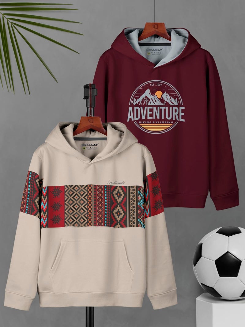 HELLCAT Printed Cotton Blend Hooded Neck Regular Fit Sweatshirt For Boys - Pack of 2 Beige/Burgundy 11-12 Years - Image 2