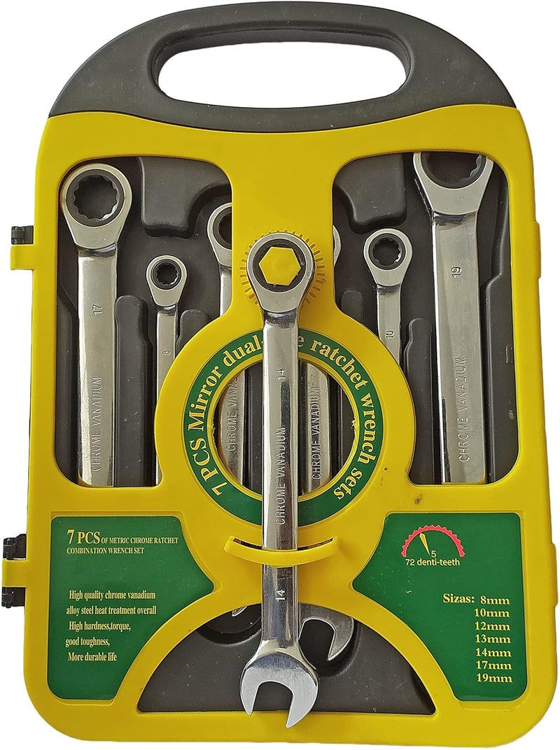 Inditrust Inditrust 7PC Heavy duty Mirror doal Uses Ratchet wrench set 8101213141719 mm Ratchet Spanner Combination Wrench Set Of Keys Gear Ring Handle Chrome Vanadium Box end Open end etc  - Image 1