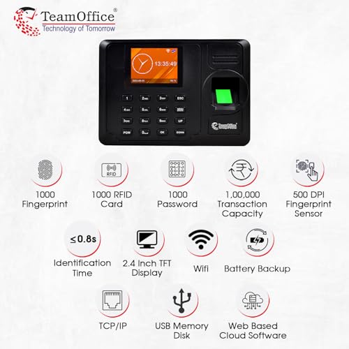 Team Office Z305W Biometric Attendance Machine | Cloud Software Supported | Fingerprint + RFID Card + Password | Wi-Fi | Battery Backup | Real-Time Employee Time Tracking | Office - Image 2