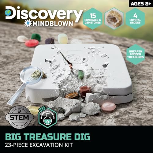 Discovery Big Treasure Dig STEM Kit  23Piece Excavation Set for Kids Dig for 15 Gemstones 4 Crystal Geodes  Pyrite Nuggets Real Tools Educational Geology Toy Science Activity Gift Ages 8 - Image 5