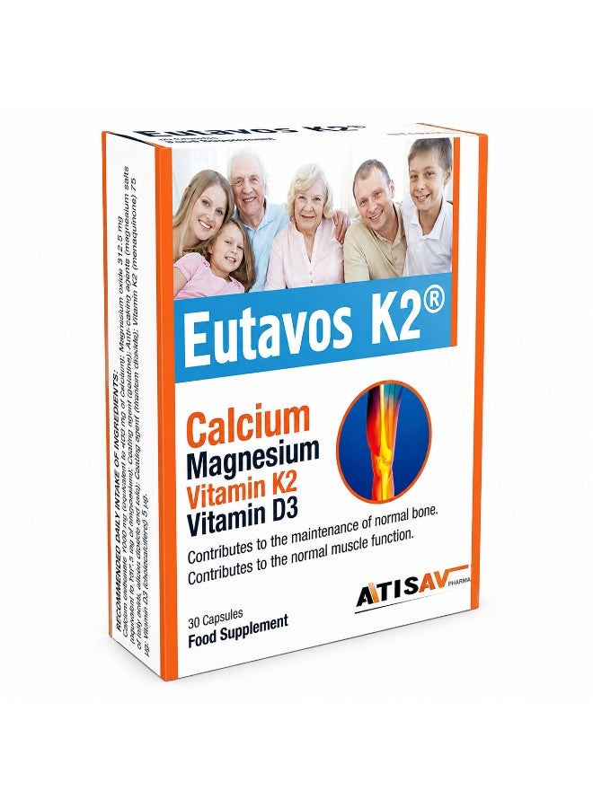 Atisav Pharma Atisav Eutavos K2 Calcium Magnesium with Vitamin K2 & Vitamin D3 | Bone, Muscle & Cardiovascular Support Supplement | 30 Capsules - Image 1