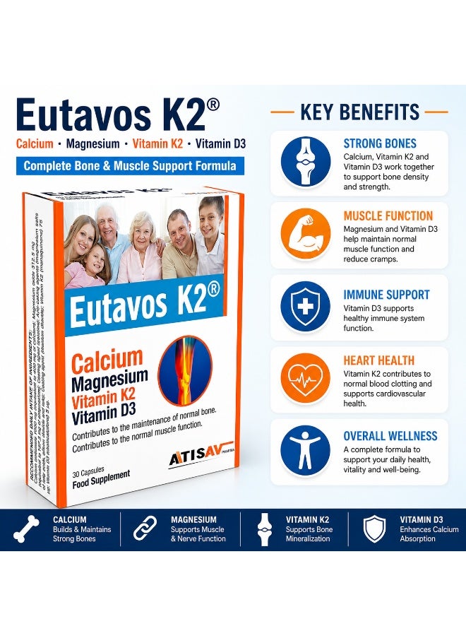 Atisav Pharma Atisav Eutavos K2 Calcium Magnesium with Vitamin K2 & Vitamin D3 | Bone, Muscle & Cardiovascular Support Supplement | 30 Capsules - Image 3