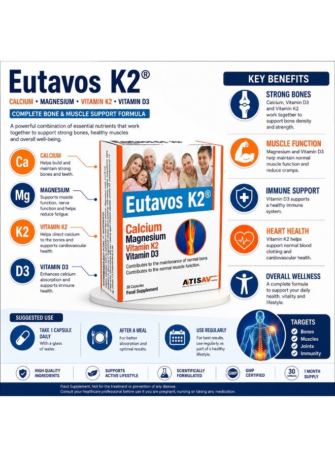 Atisav Pharma Atisav Eutavos K2 Calcium Magnesium with Vitamin K2 & Vitamin D3 | Bone, Muscle & Cardiovascular Support Supplement | 30 Capsules - Image 4