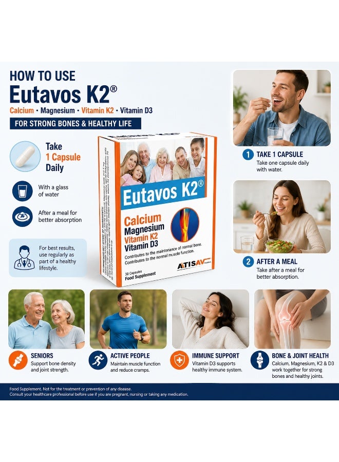 Atisav Pharma Atisav Eutavos K2 Calcium Magnesium with Vitamin K2 & Vitamin D3 | Bone, Muscle & Cardiovascular Support Supplement | 30 Capsules - Image 5