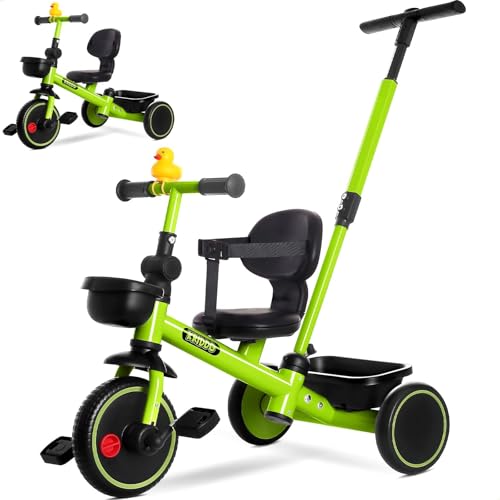 KRIDDO 2in1 Tricycle for Toddlers 155 Years Push Tricycle with Parent Steering  Detachable Handle 9Stage Adjustable Handlebar Toddler Trike with Safety Belt Clutch Pedals  Dual Baskets GN - Image 1