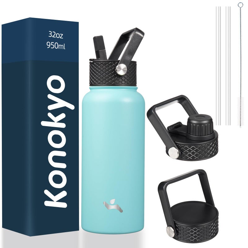 Konokyo 32 oz Insulated Water Bottle Stainless Steel Sport Bottles with 3 LidsTurquoise