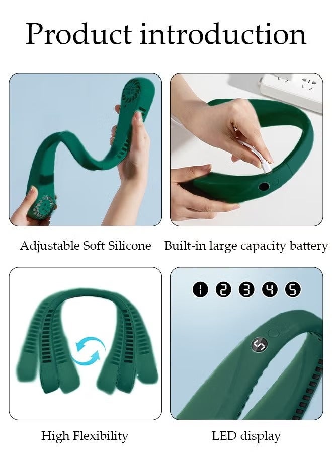 جي أس مروحة رقبة محمولة مع شاشة LED، مروحة رقبة خالية من اليدين، 5 سرعات قابلة للضبط، USB قابلة لإعادة الشحن بطارية شخصية مزودة بمروحة المكتب/السفر/الرياضة/المنزل/الهواء الطلي، أخضر - Image 4