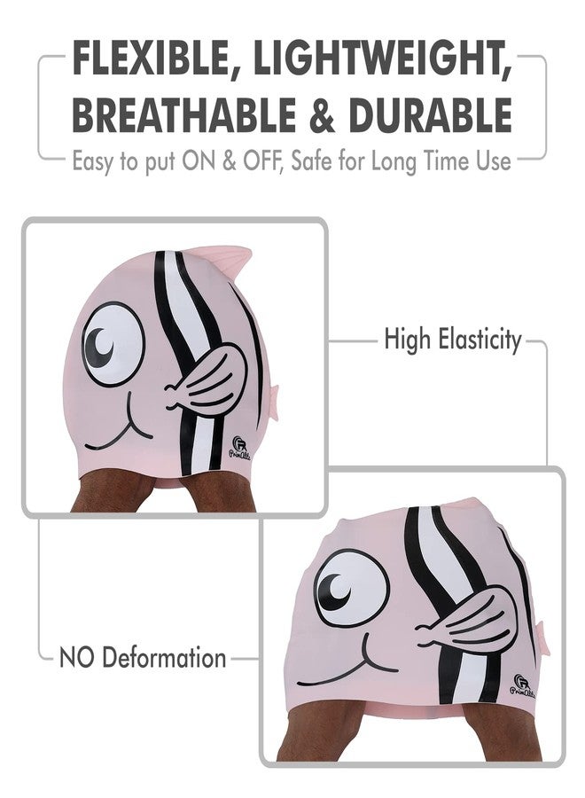 Primalite قبعات سباحة للأطفال من بريمالايت - من عمر 3 إلى 12 سنة، بتصميم سمكة كرتونية مرحة، قبعة سباحة مريحة مقاومة للماء مصنوعة من السيليكون، مناسبة للشعر الطويل والقصير، قابلة للتمدد ومقاومة للماء للأطفال، بنين وبنات - لون وردي - Image 5