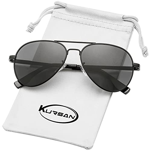 Kursan Kids Small Polarized Aviator Sunglasses for Boys Girls Age 4-18, 100% UV400 Protection, 52MM (Black/Black Lens) - Image 1