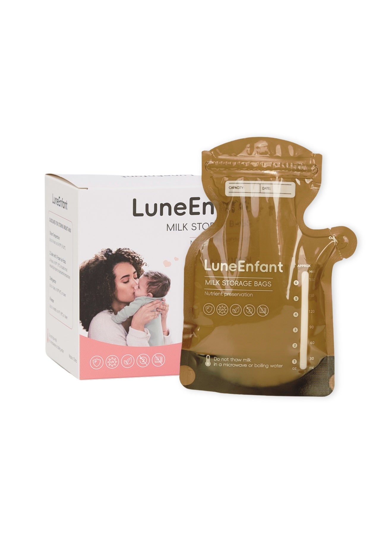 LuneEnfant Breast Milk Storage Bags (100 Count) | Light-Blocking for Nutrient Preservation | Extra-Thick & Leakproof | Ergonomic Goose Neck for Easy Pouring | BPA-Free, Food-Grade & Freezer Safe