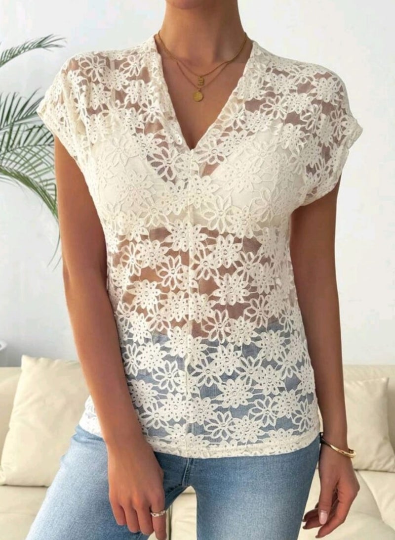 Shein SHEIN Women V-Neck Jacquard Textured Raglan Sleeve Top  - Image 1
