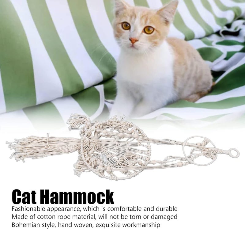 Hand Woven Macrame Cat Hammock, Hanging Cat Bed with Cotton Rope and Beech Frame, Bohemian Style Cat Swing for Indoor Outdoor Use in Home Garden Courtyard - Image 4