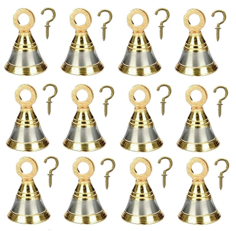 UAPAN Brass Bell Decorative Pooja Room Bells with J Hook (Silver Gold_2 inch, Pack of 12) - Image 2