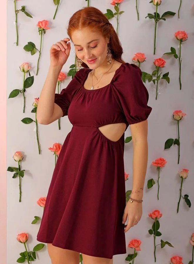 Freehand  Women Fit and Flared Solid Square Neck Short Sleeve Cut Out Dress for Women | Best Price UAE