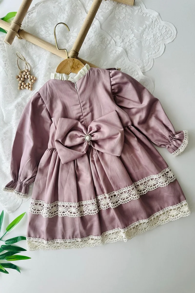 مينيمن جيجيليري My Little Ones Laced Scalloped Bowknot Vitange Girl's Dress - Lilac