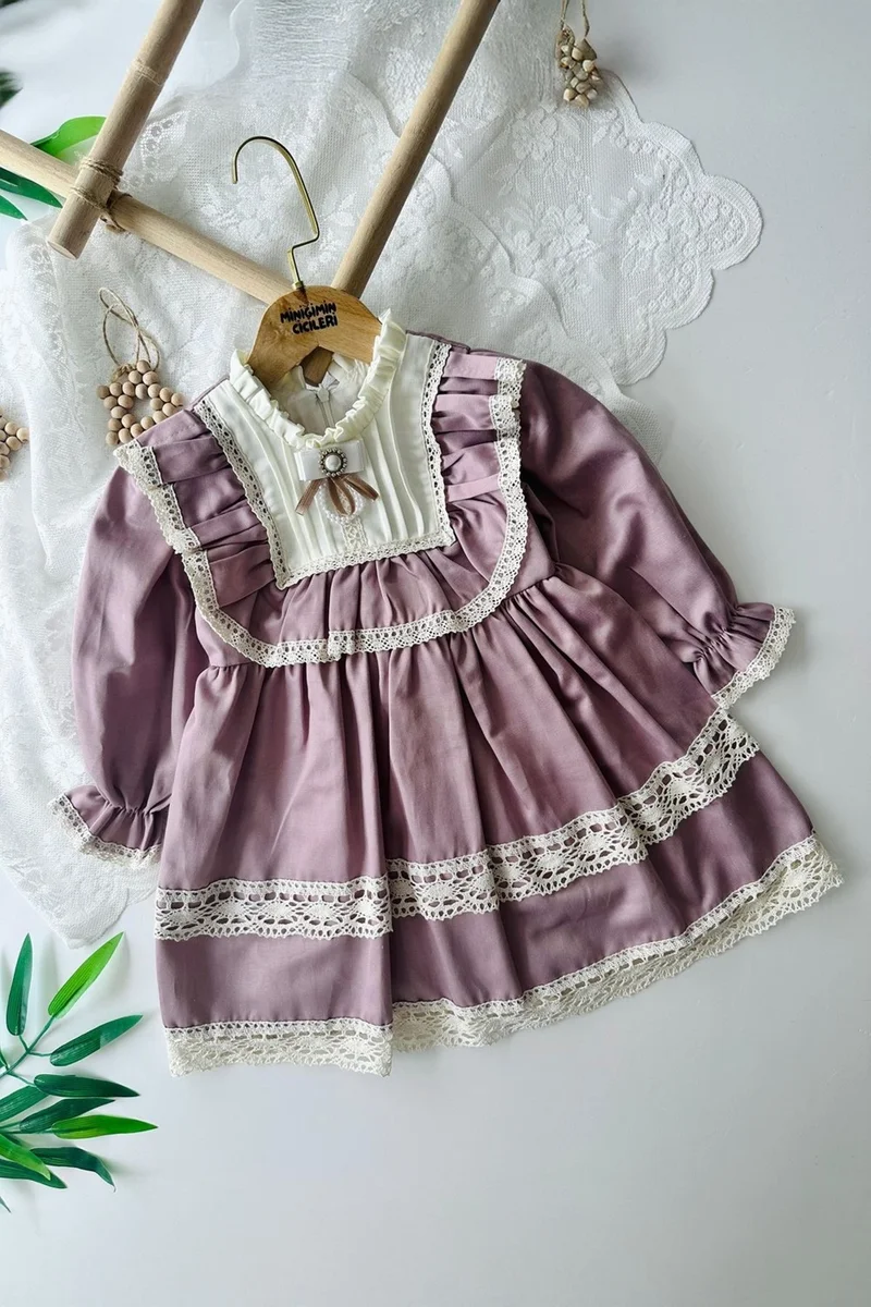 مينيمن جيجيليري My Little Ones Laced Scalloped Bowknot Vitange Girl's Dress - Lilac