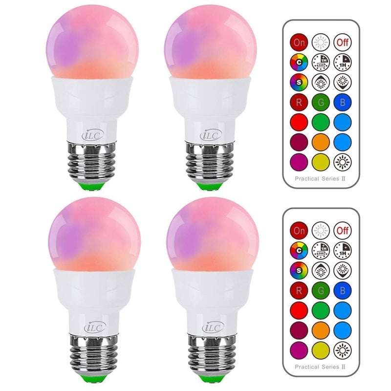 iLC مصباح LED RGB ملون قابل للتغيير 40 واط مكافئ ضوء النهار الأبيض 450 لومن قابل للتعتيم 5 واط قاعدة لولبية E26 مصباح مزاجي RGBW 12 خيار لون تحكم عن بعد بالأشعة تحت الحمراء متضمن 4 عبوات