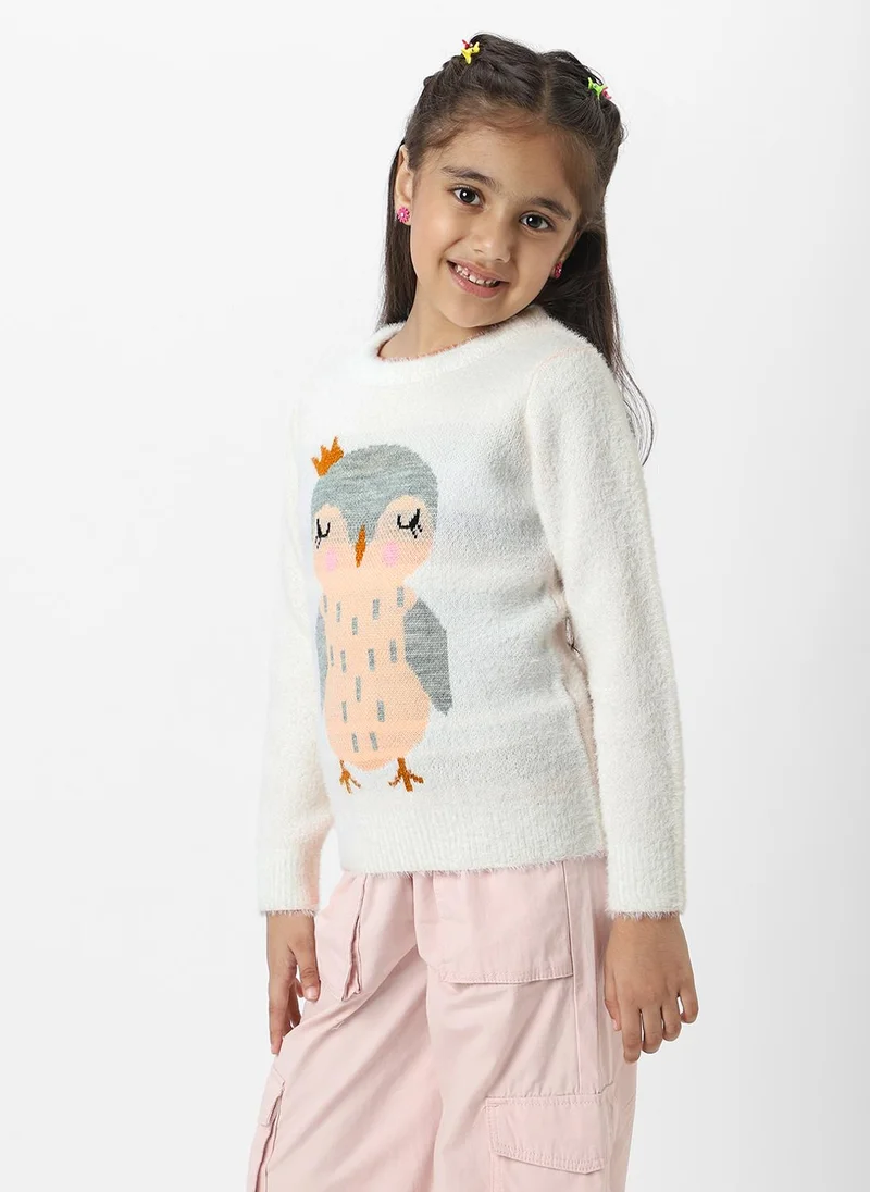 Nautinati Nautinati Girls White Owl Jaquard Full Sleeves Acrylic Sweater
