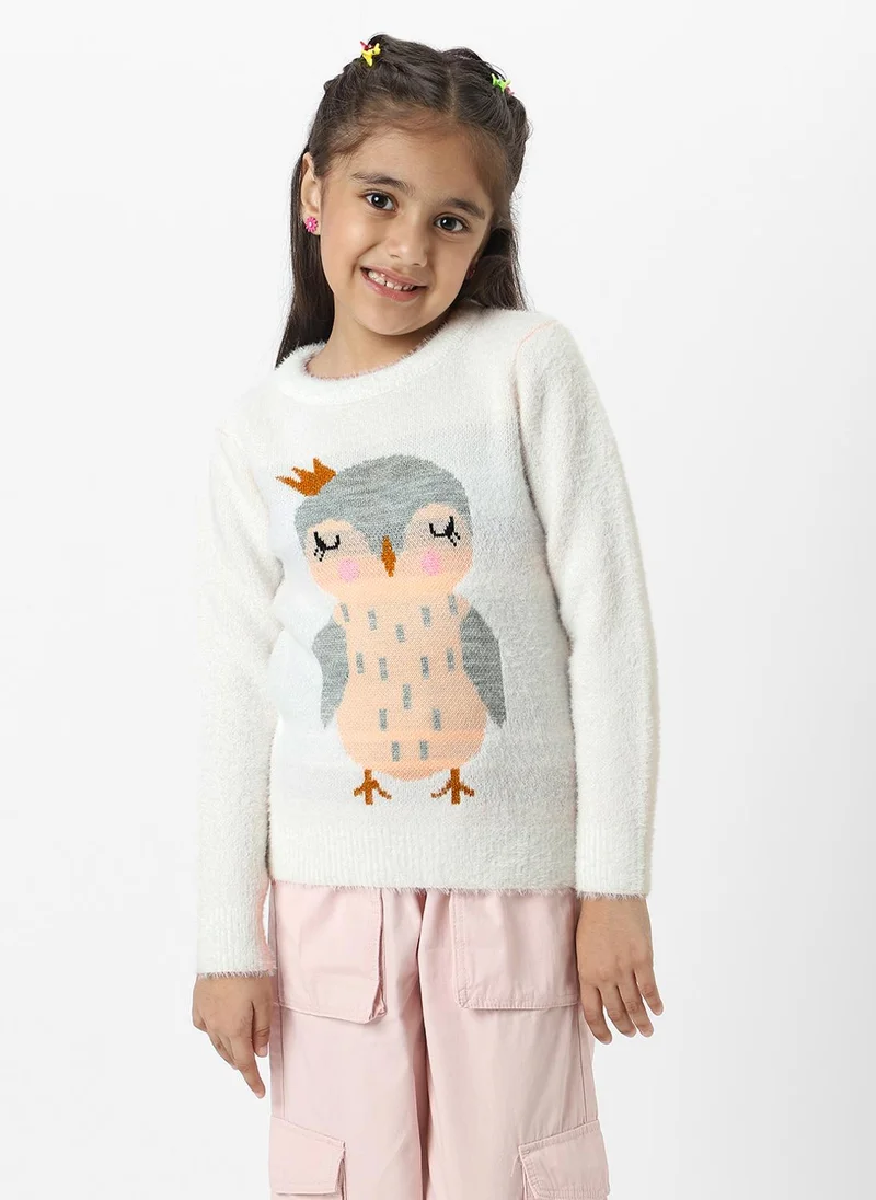 Nautinati Nautinati Girls White Owl Jaquard Full Sleeves Acrylic Sweater
