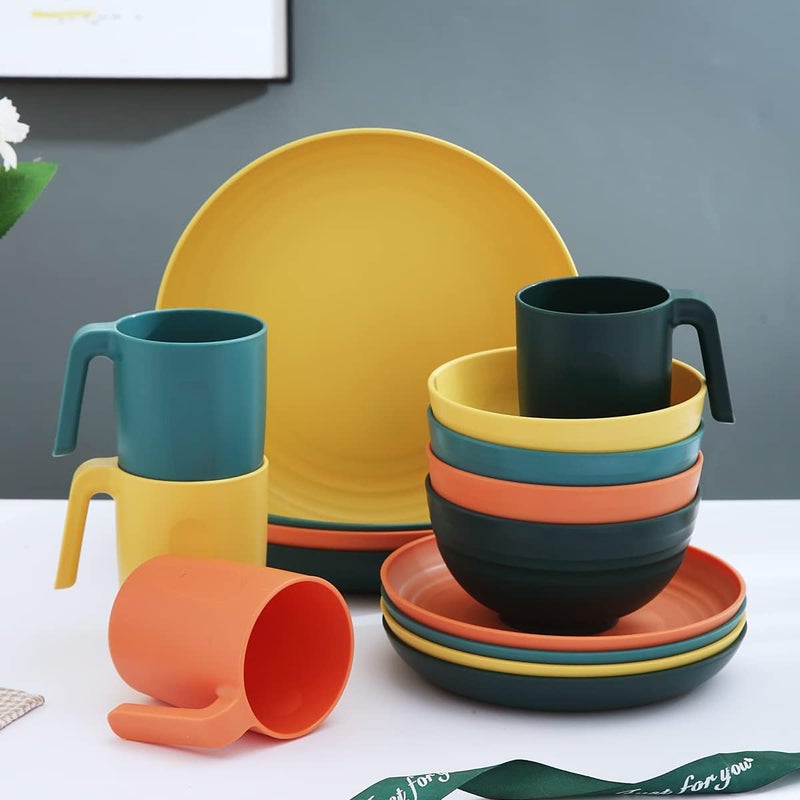 Kyraton Plastic Dinnerware Set of 16 Pieces, Unbreakable And Reusable Light Weight Plates Mugs Bowls Dishes Easy to Carry And Clean Microwave Safe BPA Free Dishwasher Safe Service For 4 (Mutil Color) - Image 2