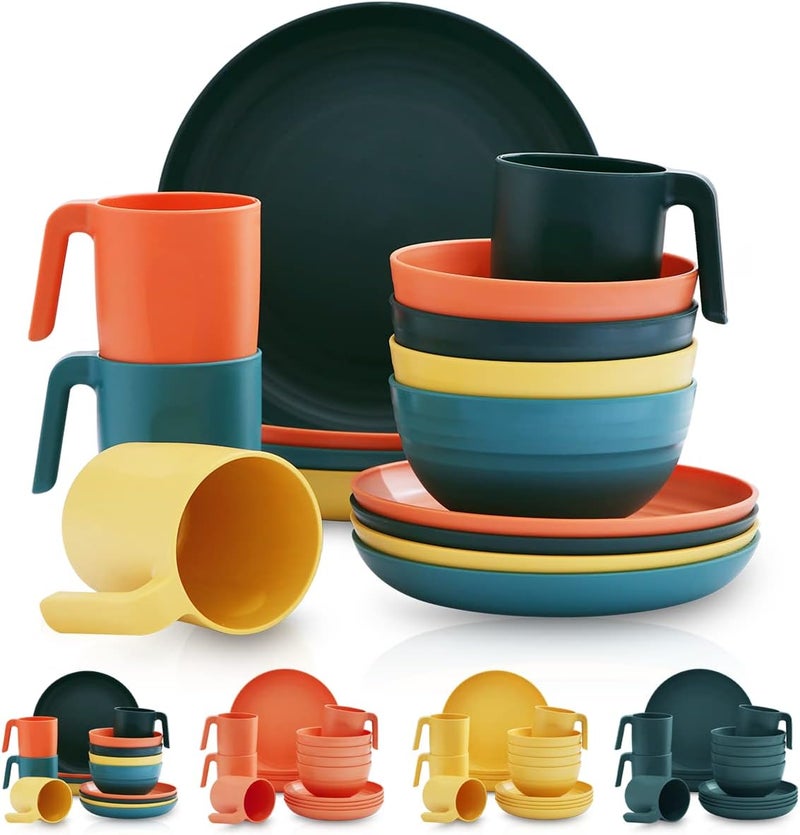Kyraton Plastic Dinnerware Set of 16 Pieces, Unbreakable And Reusable Light Weight Plates Mugs Bowls Dishes Easy to Carry And Clean Microwave Safe BPA Free Dishwasher Safe Service For 4 (Mutil Color) - Image 1