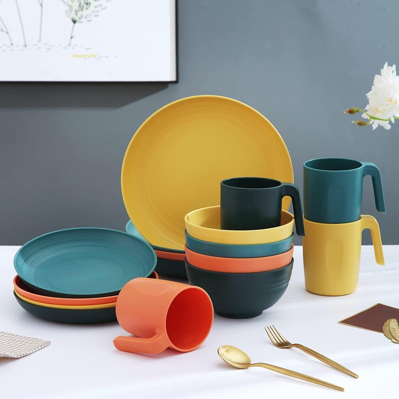 Kyraton Plastic Dinnerware Set of 16 Pieces, Unbreakable And Reusable Light Weight Plates Mugs Bowls Dishes Easy to Carry And Clean Microwave Safe BPA Free Dishwasher Safe Service For 4 (Mutil Color) - Image 3