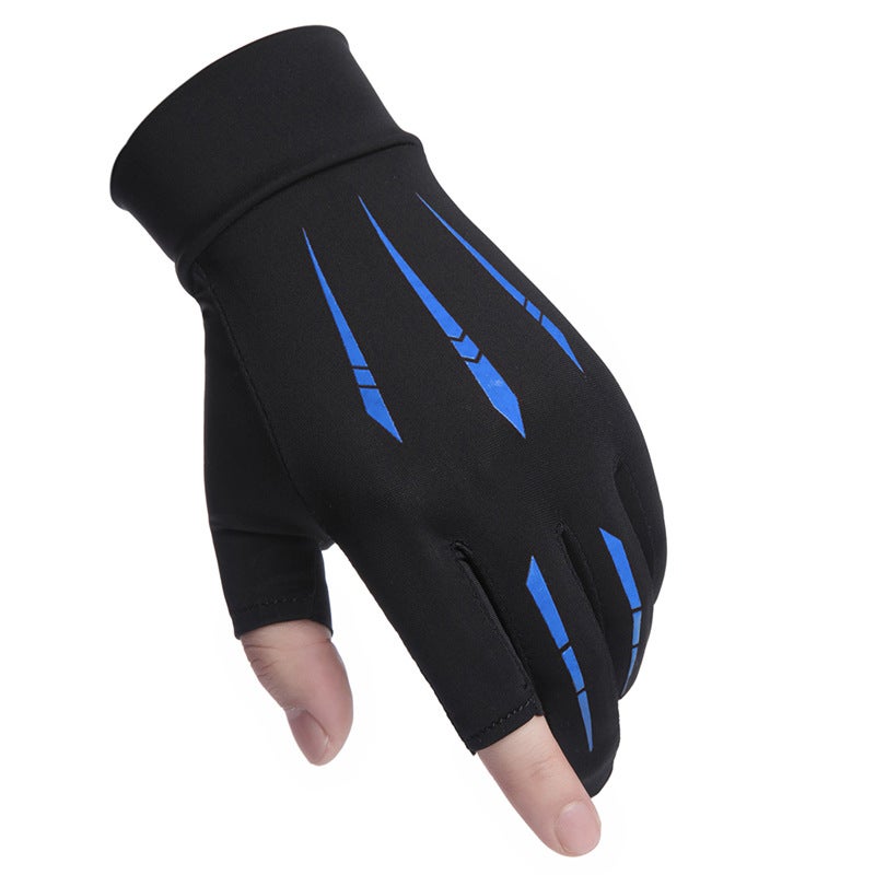 Ice Silk Sun Protection Gloves Mens Leaky Two-Finger Half-Finger Riding Driving Non-Slip Fishing Takeaway Luya Gloves New Style Blue 