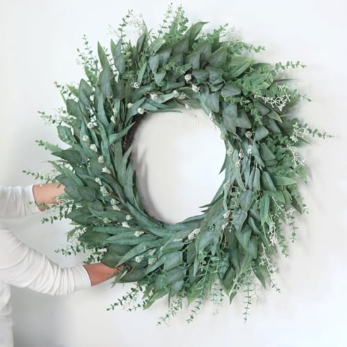 YXZZWL 32" Eucalyptus Wreath for Front Door - Large Artificial Greenery Outdoor Wreath for Porch, Window,Farmhouse,Home,Holiday,Hanging Decor- Spring, Summer, Fall, All Seasons (Green) - Image 5