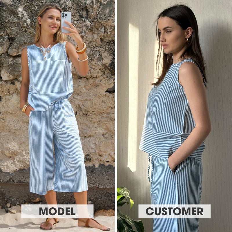 EXLURA Womens Summer 100% Cotton 2 Piece Outfits Striped Sleeveless Top Capri Wide Leg Pants Sets Faux Linen Travel Beach - Image 2