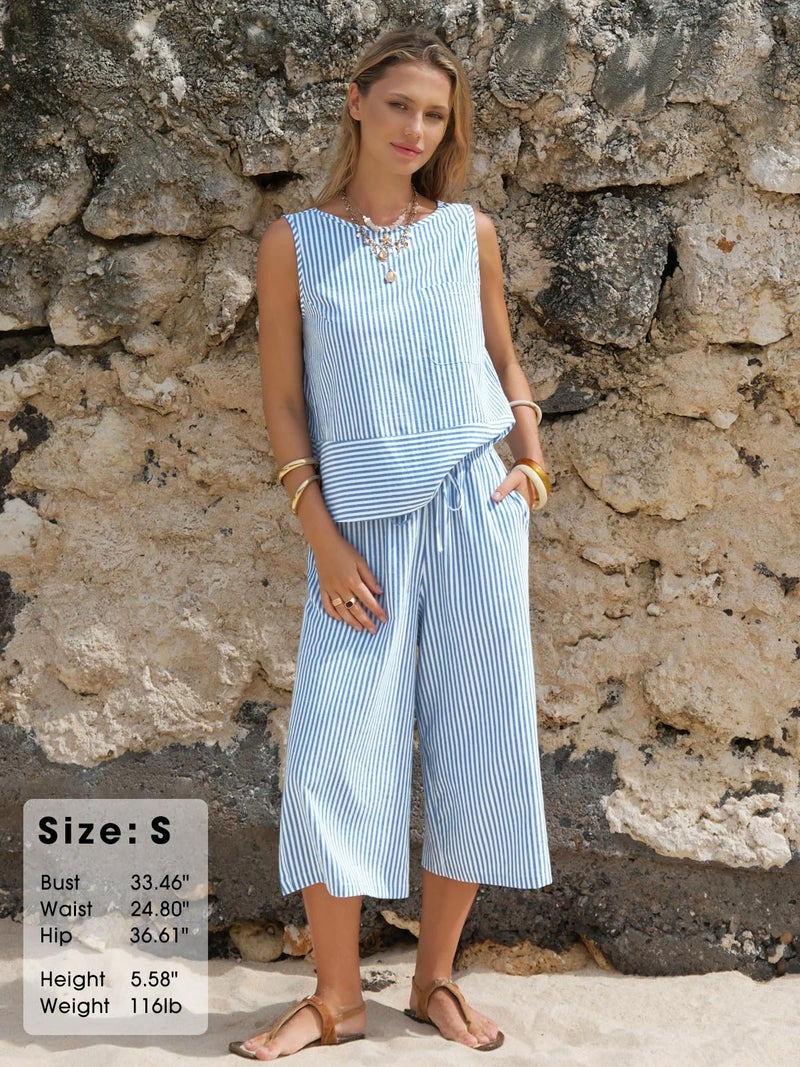 EXLURA Womens Summer 100% Cotton 2 Piece Outfits Striped Sleeveless Top Capri Wide Leg Pants Sets Faux Linen Travel Beach - Image 3