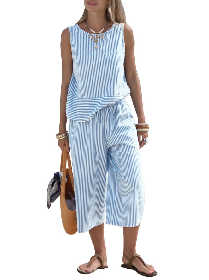 EXLURA Womens Summer 100% Cotton 2 Piece Outfits Striped Sleeveless Top Capri Wide Leg Pants Sets Faux Linen Travel Beach - Image 1