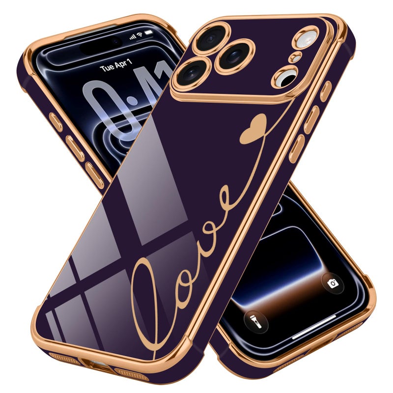 LCHULLE Compatible with iPhone 17 Pro Max Case for Women Girls Cute Luxury Plating Love Heart Design Soft TPU Cover Shockproof Full Camera Lens Protection Phone Case for iPhone 17 Pro MaxDark Purple - Image 3