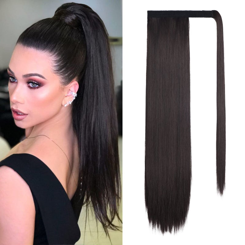 SEIKEA 24 Ponytail Extension Clip in Long Straight Wrap Around Pony Tail Natural Soft Synthetic Hairpiece Hair Extensions for Women Color Black Brown