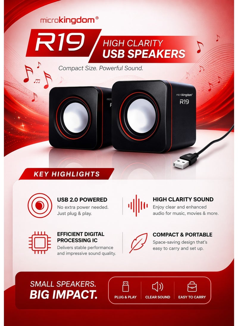 مايكروكينغدوم مكبرات صوت Microkingdom R19 USB 2.0 - مكبرات صوت مكتبية صغيرة الحجم عالية الوضوح مع خاصية التوصيل والتشغيل - Image 2