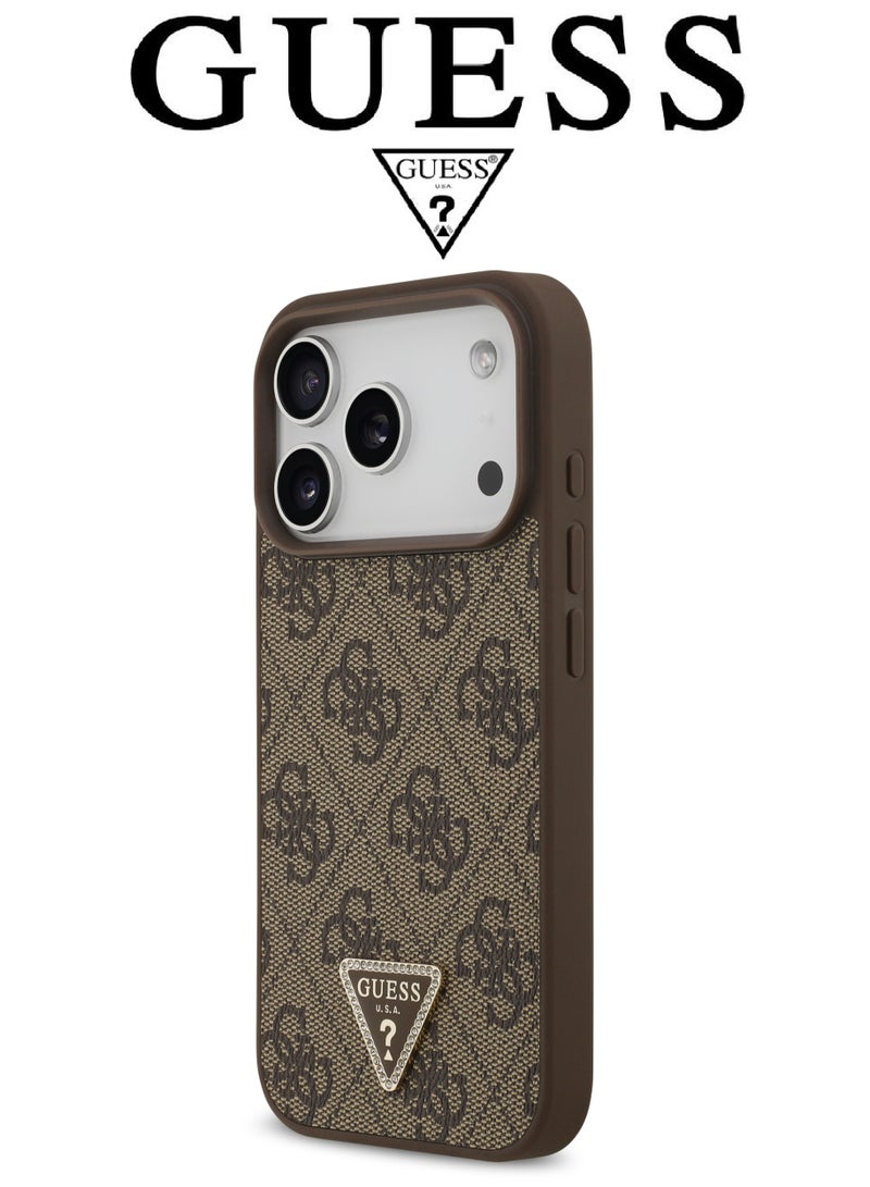 CG MOBILE Luxury embossed leather iPhone 17 Pro Max case. MagSafe wireless charging iPhone cover iphone 17 pro max. Shockproof, durable back protection iphone 17 pro max back cover. French-designed, elegant iphone 17 pro max cover, certified in partnership with GUESS and CG MOBILE. Brown phone case. - Image 4