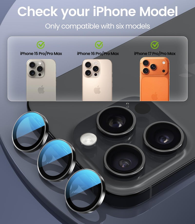 PandaShield 2-Pack Anti-Reflection Camera Lens Protector for iPhone 17/16/15 Pro & Pro Max, Easy Installation,Anti-Scratch,9H Hardness,98% Ultra Clarity,Maintains Original Lens Design- Black - Image 2