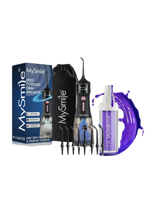 MySmile LP221 UVC Sterilizable Cordless Water Flossers for Teeth 335ML Portable OLED Display Dental Flosser with 4 Modes 8 Jet Tips and a Storage Pouch for Home and Travel (Midnight Black) & MySmile Toothpaste for Tooth Brighten, Color Corrector Efficient Cleaning Purple Toothpaste, 30ML Non-Sensitive Natural Tooth Stain Removal Toothpaste, Fresh Mint, Press TypeBundle - Image 1