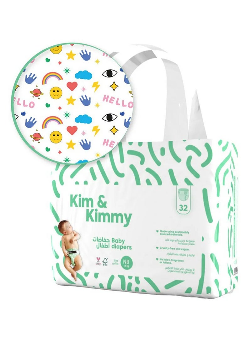 Kim & Kimmy حفاضات حديثي الولادة بتصميم الشريط، رقيقة جداً وناعمة، حماية من التسرب، مؤشر الرطوبة، 0-5 كجم - 32 قطعة