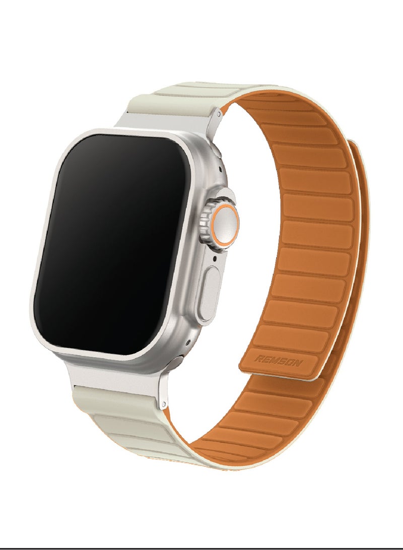 Remson Magnetic Switch- Band Double Side Reversible Silicone Strap for iWatch Series 42-49mm (Beige/Orange)