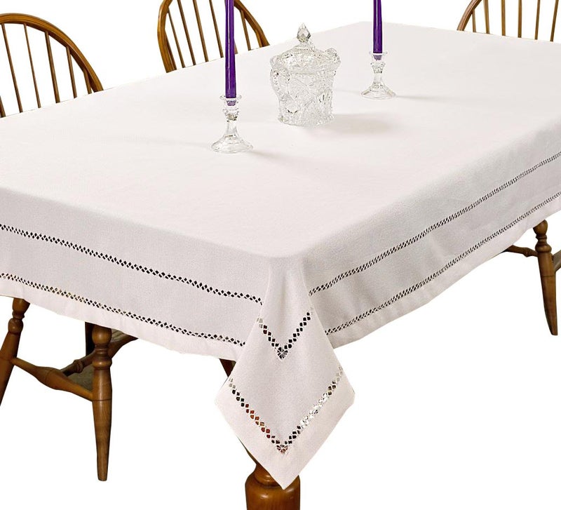 Hem Stitch Border Vintage Design Tablecloth White 68 by 120 OblongRectangle